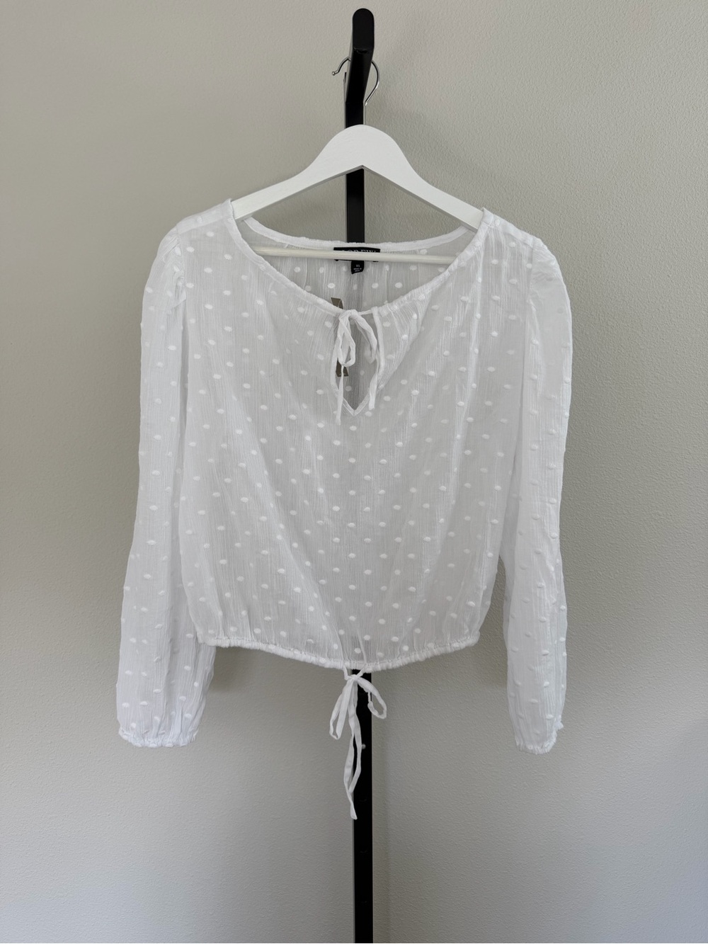 J. Crew White Swiss Dot Tie-Neck Peasant Blouse